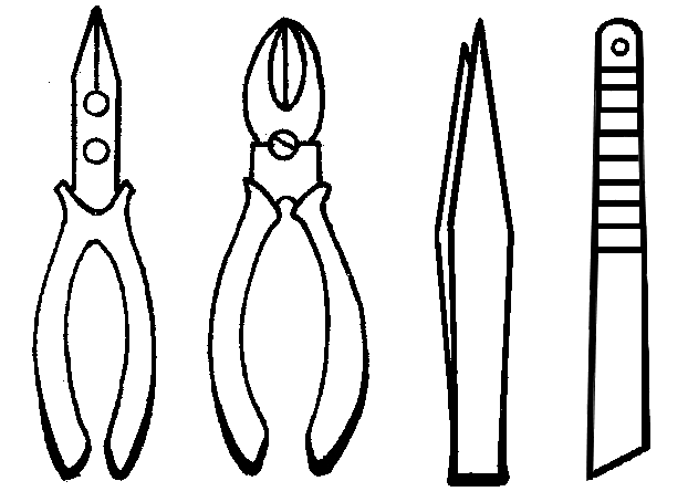 尖嘴钳     偏口钳     镊子    小刀    图2 辅助工具